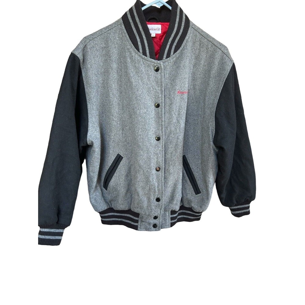 American Girl Varsity Jacket Youth Girls Sz Large Gray Black Sleeves Back Logo